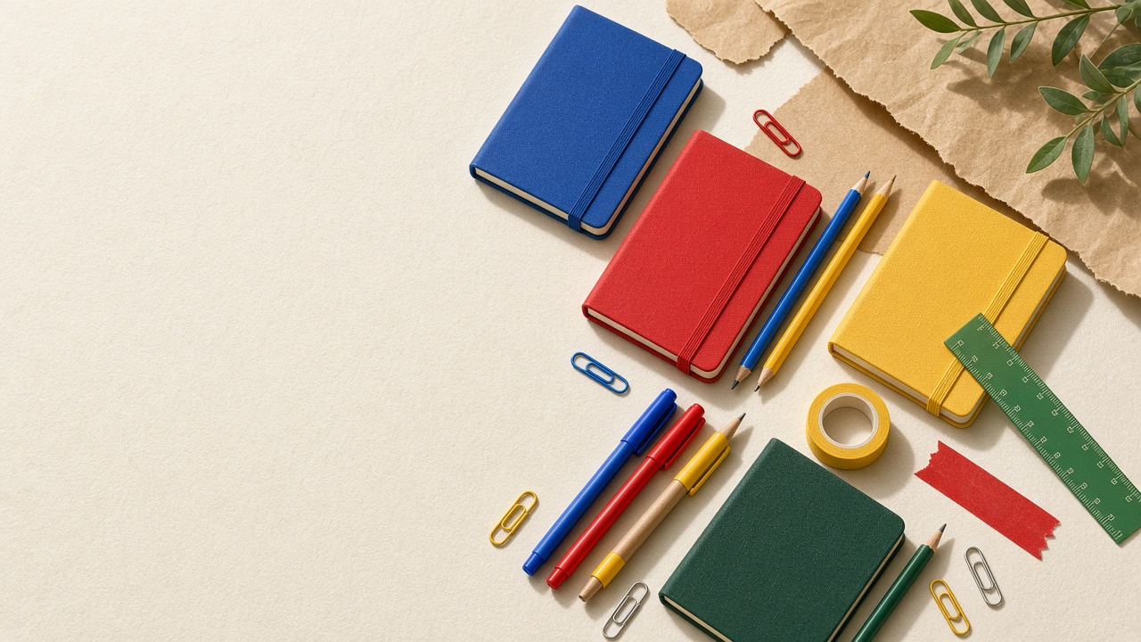 Colourful notebooks, pens and stationery arranged on a warm paper background