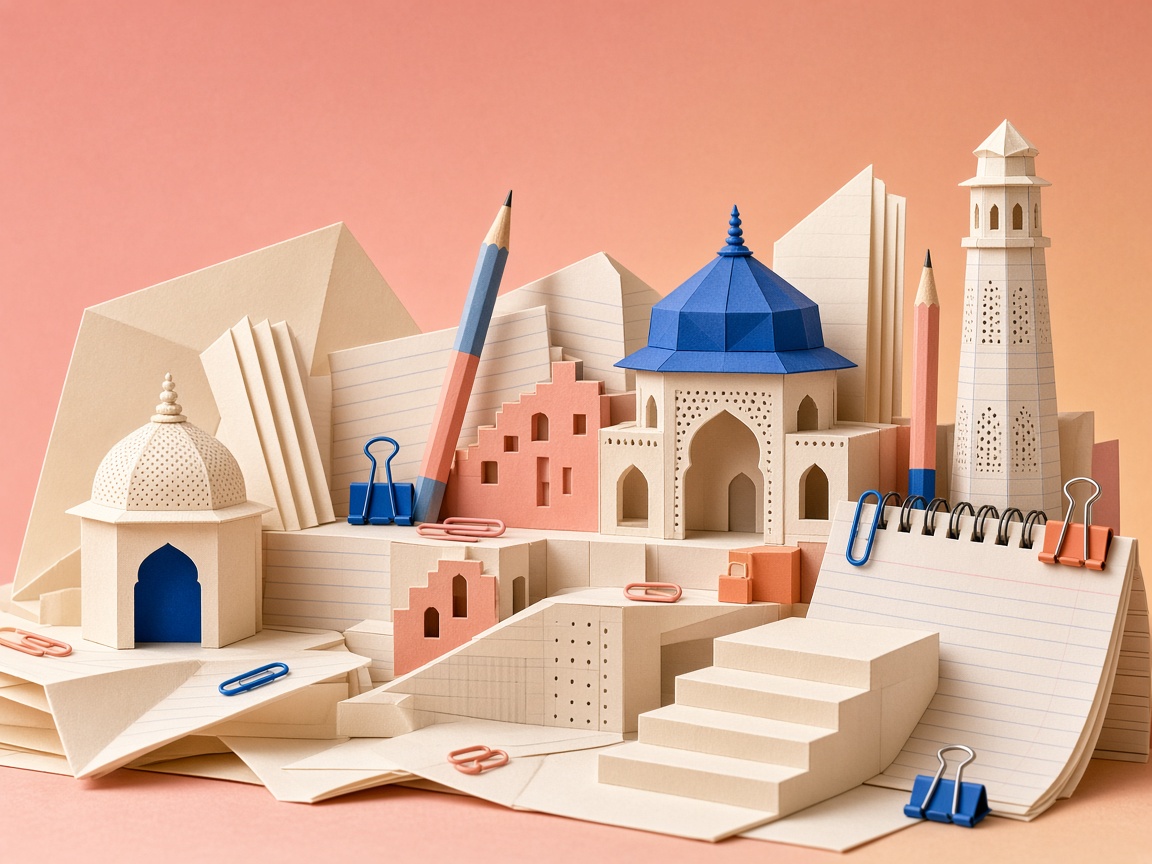 A Jaipur-inspired architectural scene crafted from notebooks, paper and stationery